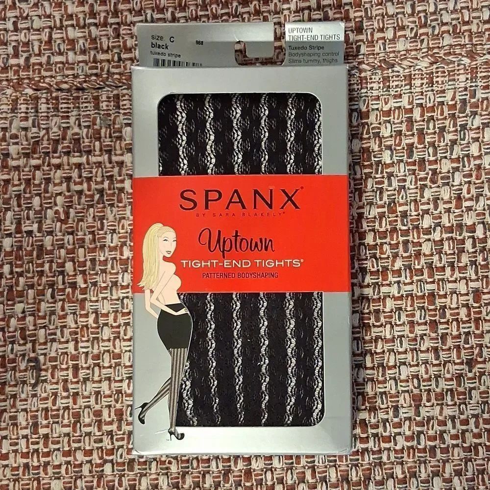SPANX Uptown Tight End Tights Black Tuxedo Stripe Patterned Body Shaping Size C
